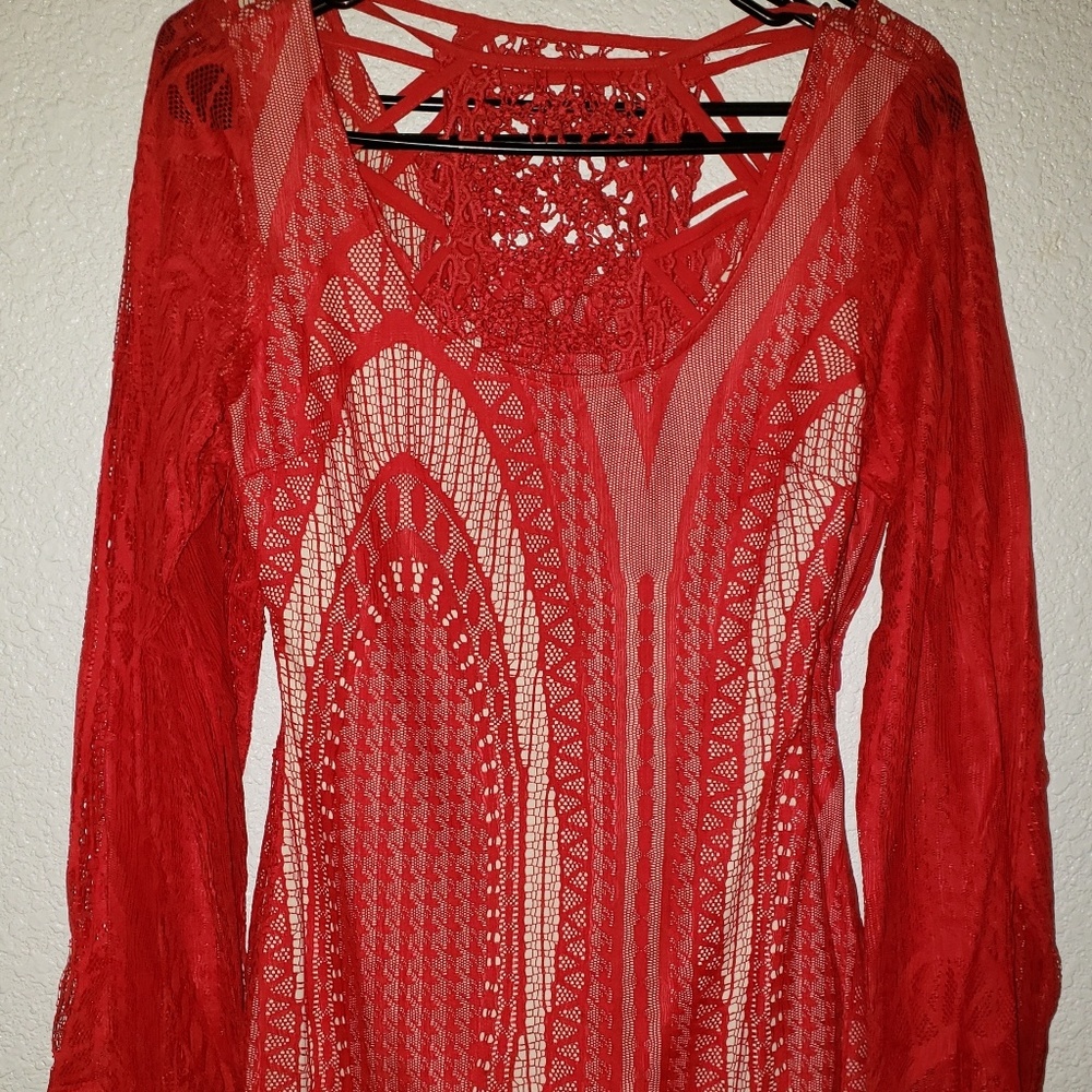 Red Embroidered Dress with Inner Cream Layer - Picture 4 of 8
